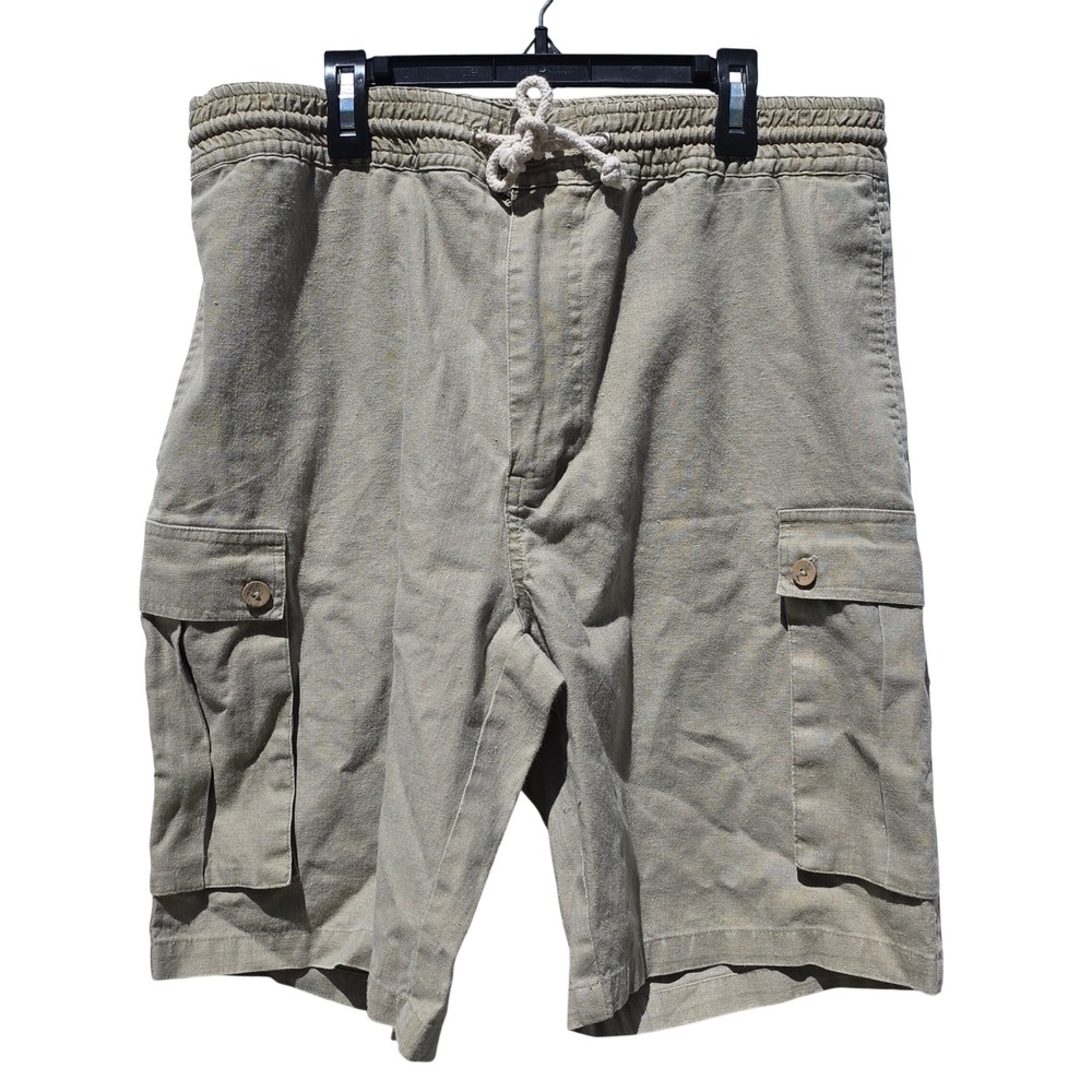 Bugle Boy Mens 32‎ Vintage 90s Cargo Shorts Khaki Ramie Cotton Elastic Waist Tan